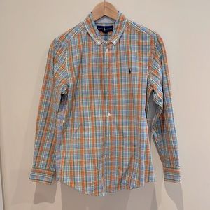 Boy’s RalphLauren button down dress shirt. Blue and orange plaid. Size Large